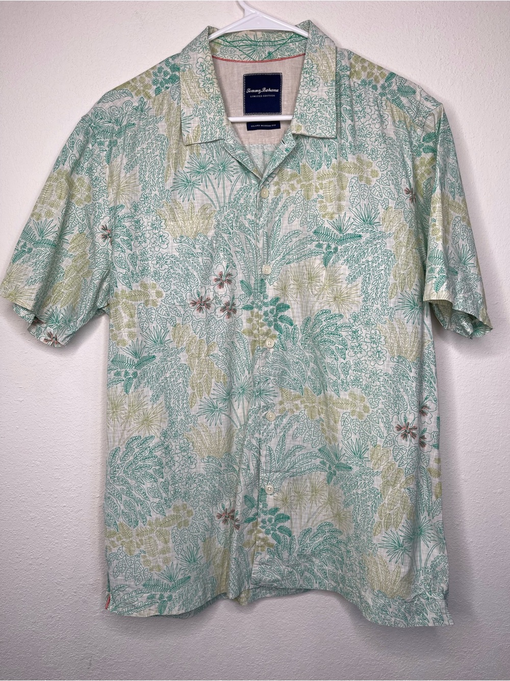 Tommy Bahama Island Modern Fit Silk Blend Tropical Floral Green Shirt Mens L